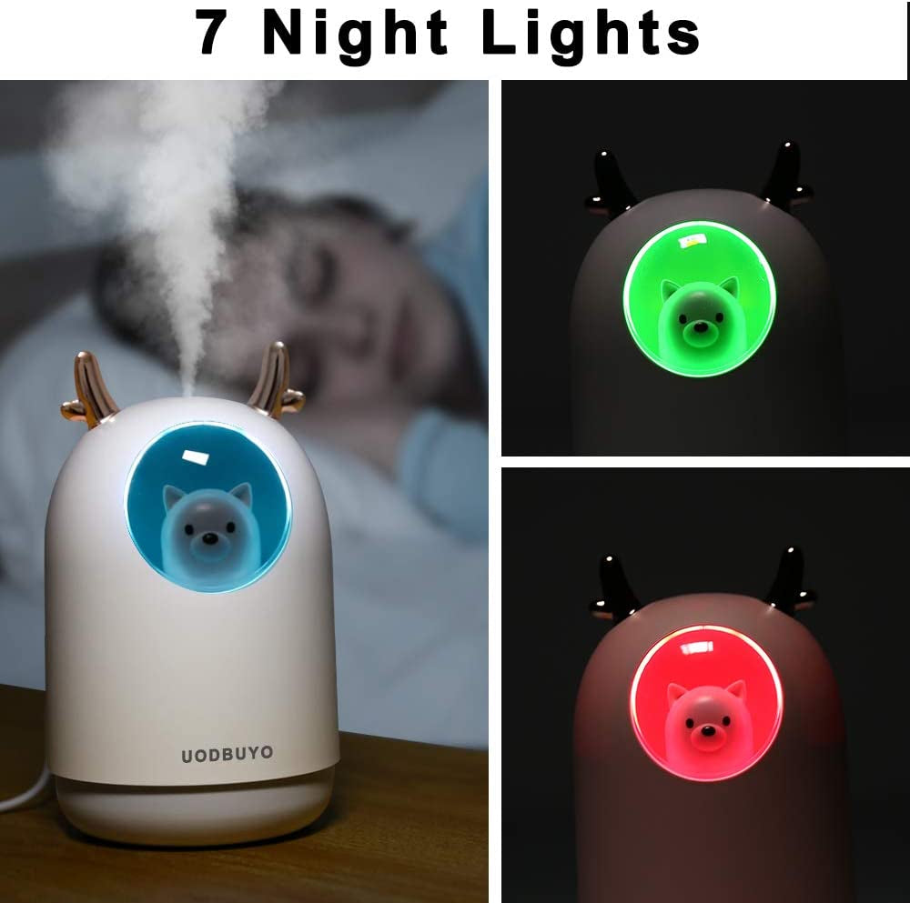 Portable Cool Mist Humidifier - 300Ml USB Mini Air Humidifier with 10 Pcs Humidifier Sticks, 7 Color Night Light Room Humidifier for Bedroom Office Desk,Car,Travel (White)