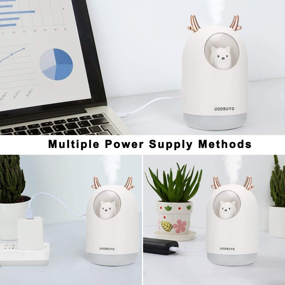 Portable Cool Mist Humidifier - 300Ml USB Mini Air Humidifier with 10 Pcs Humidifier Sticks, 7 Color Night Light Room Humidifier for Bedroom Office Desk,Car,Travel (White)