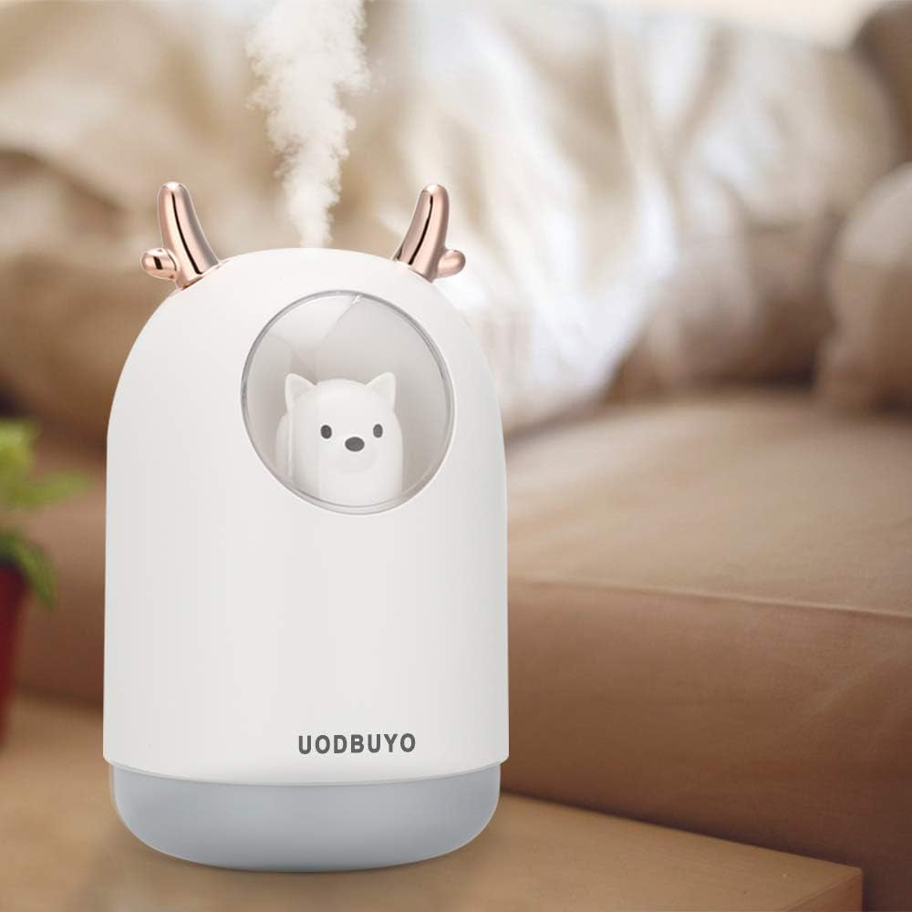 Portable Cool Mist Humidifier - 300Ml USB Mini Air Humidifier with 10 Pcs Humidifier Sticks, 7 Color Night Light Room Humidifier for Bedroom Office Desk,Car,Travel (White)