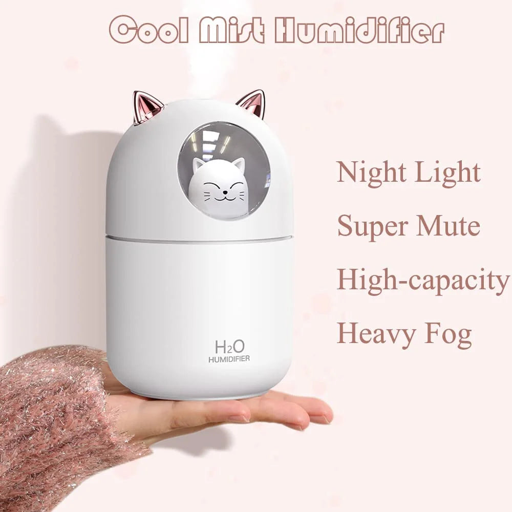 Portable Small Humidifier, 300Ml Mini Cool Mist Humidifier with Night Light, USB Personal Humidifier Auto Shut-Off, Ultra-Quiet, 2 Spray Modes, Suitable for Home Office Travel