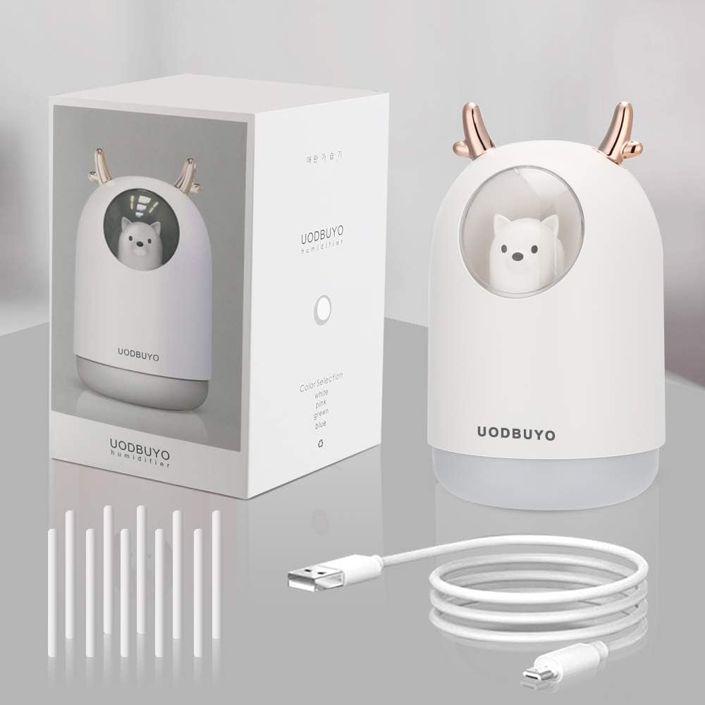 Portable Cool Mist Humidifier - 300Ml USB Mini Air Humidifier with 10 Pcs Humidifier Sticks, 7 Color Night Light Room Humidifier for Bedroom Office Desk,Car,Travel (White)