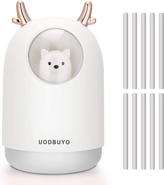 Portable Cool Mist Humidifier - 300Ml USB Mini Air Humidifier with 10 Pcs Humidifier Sticks, 7 Color Night Light Room Humidifier for Bedroom Office Desk,Car,Travel (White)